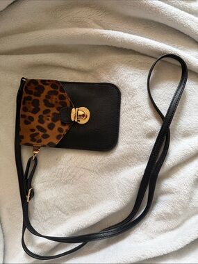 Black Crossbody Phone Bag with Leopard Accent and Gold Turn-Lock